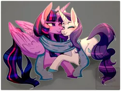Size: 1200x900 | Tagged: safe, artist:pastel-pony-pictures, deleted from derpibooru, derpibooru import, rarity, twilight sparkle, twilight sparkle (alicorn), alicorn, pony, unicorn, clothes, colored hooves, commission, female, gray background, lesbian, mare, rarilight, scarf, shared clothing, shared scarf, shipping, simple background, snuggling