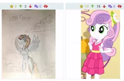 Size: 600x394 | Tagged: safe, derpibooru import, sweetie belle, derpibooru, a photo booth story, eqg summertime shorts, equestria girls, drawing, juxtaposition, meta, screenshots