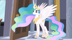 Size: 1000x562 | Tagged: safe, derpibooru import, screencap, princess celestia, alicorn, pony, princess twilight sparkle (episode), animated, beautiful, bedroom, crown, cutie mark, door, ethereal mane, ethereal tail, female, flowing mane, flowing tail, gif, hoof shoes, jewelry, majestic, mare, multicolored mane, multicolored tail, peytral, pillar, regalia, reversed, smiling, spread wings, wings