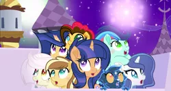 Size: 1467x785 | Tagged: safe, artist:galaxyswirlsyt, derpibooru import, oc, oc:apple pie, oc:destiny, oc:galaxy swirls, oc:party pie, oc:rainbow blitzes, oc:sky city, oc:velvet sentry, oc:winka, bear, hybrid, pony, ursa, ursa minor, interspecies offspring, night, offspring, parent:applejack, parent:caramel, parent:cheese sandwich, parent:discord, parent:fancypants, parent:flash sentry, parent:fluttershy, parent:pinkie pie, parent:rainbow dash, parent:rarity, parent:soarin', parent:twilight sparkle, parents:carajack, parents:cheesepie, parents:discoshy, parents:flashlight, parents:raripants, parents:soarindash, ursa minimus