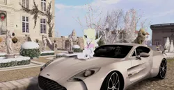 Size: 1920x1001 | Tagged: aston martin, aston martin one 77, aviators, bipedal, car, derpibooru import, mansion, oc, oc:solari melody, safe, second life, semi-anthro, snow, statue, winter