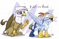 Size: 2000x1303 | Tagged: safe, artist:tsitra360, derpibooru import, gilda, rainbow dash, bird, crow, gryphon, pegasus, pony, abstract background, alternate hairstyle, annoyed, backwards cutie mark, behaving like a bird, birb, caw, chest fluff, clothes, costume, cultural appropriation, cute, dashabetes, disguise, dweeb, eyes closed, face paint, feather, female, floppy ears, frown, gilda is not amused, glare, griffon costume, griffonized, gritted teeth, imitation, mare, mask, rainbow griffon, raised hoof, silly, silly pony, simple background, sitting, species swap, spread wings, tail wrap, this will end in pain, unamused, white background, wings