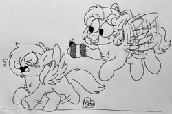 Size: 1024x683 | Tagged: safe, artist:sandwichbuns, derpibooru import, oc, oc:gale wings, oc:ladybird, unofficial characters only, centipede, pegasus, pony, female, filly, magical lesbian spawn, monochrome, offspring, parent:fluttershy, parent:rainbow dash, parents:flutterdash