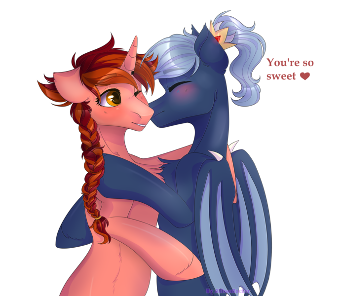 Size: 2520x2200 | Tagged: safe, artist:allisonbacker, derpibooru import, oc, oc:first drop, oc:ruby quartz, unofficial characters only, bat pony, bat pony oc, bat wings, blushing, braid, cute, hug, kissing, one eye closed, wings