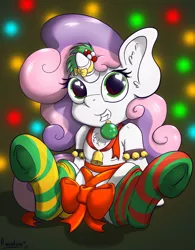 Size: 4881x6251 | Tagged: suggestive, artist:rainihorn, derpibooru import, sweetie belle, pony, absurd resolution, armband, bauble, bells, bow, chest fluff, christmas, christmas lights, clothes, ear fluff, frog (hoof), grin, heart eyes, hearts warming eve, holiday, holly, horn, horn bow, implied foalcon, jewelry, mismatched socks, mouth hold, necklace, sitting, smiling, socks, solo, strategically covered, striped socks, thigh highs, underhoof, wingding eyes