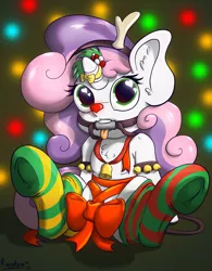 Size: 4881x6251 | Tagged: suggestive, alternate version, artist:rainihorn, derpibooru import, sweetie belle, pony, absurd resolution, antlers, armband, bell, bells, bit, bit gag, bow, chest fluff, christmas, christmas lights, clothes, ear fluff, frog (hoof), gag, harness, heart eyes, hearts warming eve, holiday, holly, horn, horn bow, implied foalcon, jewelry, looking at you, mismatched socks, necklace, red nose, reindeer antlers, reins, sitting, socks, solo, strategically covered, striped socks, tack, thigh highs, tongue out, underhoof, wingding eyes