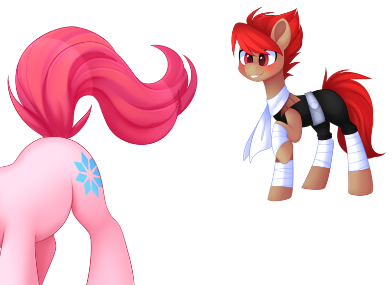 Size: 4308x3130 | Tagged: suggestive, artist:scarlet-spectrum, derpibooru import, oc, oc:blitz drive, oc:diamond stellar, unofficial characters only, earth pony, pony, unicorn, blushing, butt, clothes, commission, dat butt, drivellar, eyes on the prize, female, male, mare, meme, oc x oc, plot, scarf, shipping, simple background, stallion, straight, transparent background, watermark