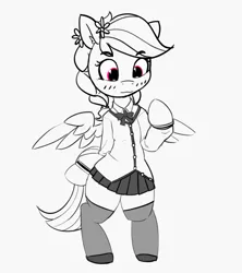Size: 1244x1402 | Tagged: safe, artist:pabbley, derpibooru import, rainbow dash, pegasus, pony, semi-anthro, alternate hairstyle, bipedal, blushing, braid, clothes, cute, dashabetes, ear fluff, female, flower, flower in hair, mare, moe, monochrome, partial color, pleated skirt, rainbow dash always dresses in style, shoes, skirt, socks, solo, stockings, thigh highs, zettai ryouiki