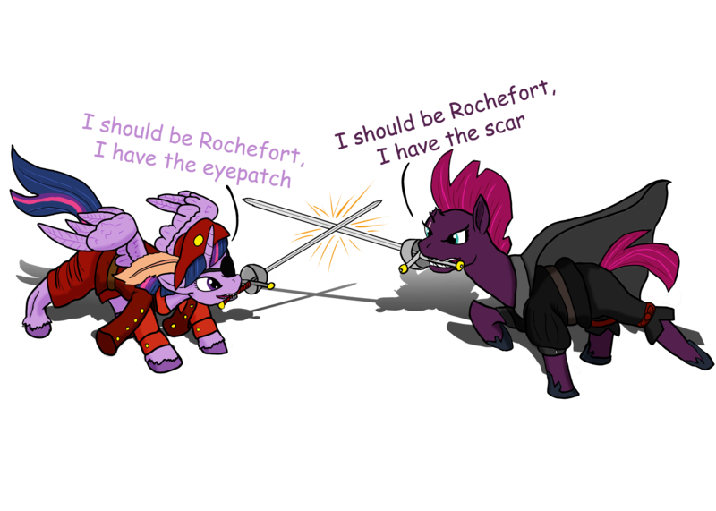Size: 2898x2070 | Tagged: safe, artist:lizardwithhat, derpibooru import, fizzlepop berrytwist, tempest shadow, twilight sparkle, twilight sparkle (alicorn), alicorn, pony, unicorn, my little pony: the movie, broken horn, cape, clothes, eye scar, eyepatch, fencing, fight, fighting stance, green eyes, happy, hat, hooves, horn, mouth hold, musketeer, purple eyes, rochefort, scar, sword, weapon, wings
