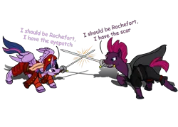 Size: 2898x2070 | Tagged: safe, artist:lizardwithhat, derpibooru import, fizzlepop berrytwist, tempest shadow, twilight sparkle, twilight sparkle (alicorn), alicorn, pony, unicorn, my little pony: the movie, broken horn, cape, clothes, eye scar, eyepatch, fencing, fight, fighting stance, green eyes, happy, hat, hooves, horn, mouth hold, musketeer, purple eyes, rochefort, scar, sword, weapon, wings