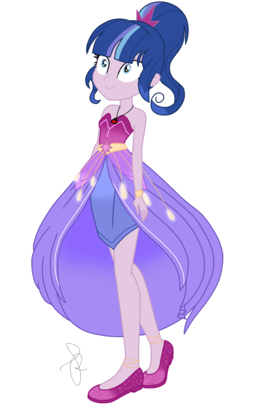 Size: 1350x2180 | Tagged: safe, artist:ilaria122, derpibooru import, oc, oc:velvet star, equestria girls, alternate hairstyle, bare shoulders, bracelet, clothes, crystal gala, crystal gala dress, dress, female, jewelry, necklace, next generation, offspring, parent:flash sentry, parent:twilight sparkle, parents:flashlight, ponytail, shoes, simple background, sleeveless, solo, transparent background