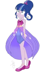 Size: 1350x2180 | Tagged: safe, artist:ilaria122, derpibooru import, oc, oc:velvet star, equestria girls, alternate hairstyle, bare shoulders, bracelet, clothes, crystal gala, crystal gala dress, dress, female, jewelry, necklace, next generation, offspring, parent:flash sentry, parent:twilight sparkle, parents:flashlight, ponytail, shoes, simple background, sleeveless, solo, transparent background