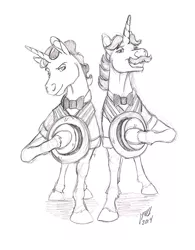 Size: 838x1075 | Tagged: safe, artist:carnivorouscaribou, derpibooru import, flam, flim, pony, unicorn, bowtie, brothers, duo, flim flam brothers, male, monochrome, realistic horse legs, siblings, sketch, stallion, traditional art, twins