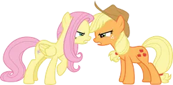 Size: 6051x3000 | Tagged: safe, artist:cloudyglow, artist:yanoda, derpibooru import, applejack, fluttershy, earth pony, pegasus, pony, sounds of silence, .ai available, absurd resolution, argument, cowboy hat, duo, female, freckles, hat, mare, nose to nose, raised hoof, simple background, stetson, transparent background, vector