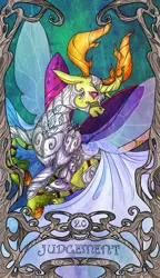 Size: 822x1425 | Tagged: safe, artist:sourcherry, derpibooru import, thorax, changedling, changeling, pony, armor, butterfly wings, cape, clothes, hooves, horns, judgement, king thorax, major arcana, modern art, nouveau, solo, tarot, tarot card, wings