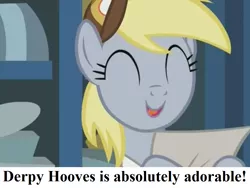 Size: 972x729 | Tagged: best gift ever, captain obvious, cropped, cute, derpabetes, derpibooru import, derpy hooves, edit, edited screencap, eyes closed, fact, hat, mailmare hat, paper, post office, safe, screencap, text, truth, you don't say