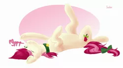 Size: 2500x1404 | Tagged: safe, derpibooru import, roseluck, pony, adorarose, behaving like a cat, bow, collar, cute, cyrillic, digital art, lying, lying down, on back, one eye closed, pet tag, pony pet, purring, rosepet, russian, stretching, tail bow, translated in the description