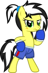 Size: 949x1456 | Tagged: safe, artist:lightningbolt, derpibooru import, oc, oc:uppercute, unofficial characters only, earth pony, pony, .svg available, angry, bipedal, boxing gloves, clothes, female, freckles, hoof on hip, looking at you, mare, ponytail, shorts, simple background, solo, svg, transparent background, vector