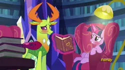 Size: 1280x720 | Tagged: alicorn, antlers, blushing, book, bookshelf, chair, changedling, changeling, couch, derpibooru import, discovery family logo, edit, edited screencap, female, king thorax, lamp, looking at each other, male, safe, screencap, shipping, smiling, straight, thorax, triple threat, twilight's castle, twilight sparkle, twilight sparkle (alicorn), twirax