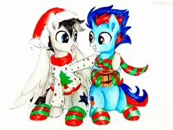 Size: 2314x1738 | Tagged: safe, artist:liaaqila, derpibooru import, oc, oc:light blade, oc:solar comet, pegasus, pony, unicorn, christmas, clothes, friends, hat, heterochromia, holiday, hug, male, mug, santa hat, scarf, simple background, socks, stallion, striped socks, sweater, traditional art, white background