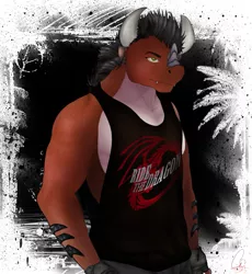 Size: 921x1000 | Tagged: safe, artist:mythos art, deleted from derpibooru, derpibooru import, oc, anthro, barely pony related, clothes, concept art, horn, male, muscles, oc dragon, shirt, simple background, sleeveless, sleeveless shirt, solo