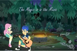 Size: 1324x880 | Tagged: safe, artist:ilovegreendeathsalot, derpibooru import, flash sentry, fluttershy, equestria girls, legend of everfree, camp everfree outfits, campfire, clothes, converse, female, flutterflash, forest, guitar, legs, male, musical instrument, shipping, shoes, sneakers, straight, tree stump