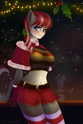 Size: 1111x1663 | Tagged: suggestive, artist:rexiwiksi, derpibooru import, oc, oc:cherry pop, unofficial characters only, anthro, earth pony, anthro oc, belly button, blushing, breasts, christmas, clothes, commission, female, fireworks, holiday, midriff, socks, solo, striped socks, ych result