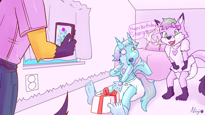 Size: 1920x1080 | Tagged: safe, derpibooru import, oc, oc:stargrazer, changeling, fox, adult foal, bedroom, birthday, bow, changeling oc, clothes, diaper, diaper fetish, dress, fetish, furry, jeans, mobile phone, outlet, pants, phone, present, recording, shirt, smartphone, text, window