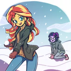 Size: 1600x1600 | Tagged: safe, artist:rockset, derpibooru import, sci-twi, sunset shimmer, twilight sparkle, equestria girls, clothes, duo, female, glasses, gloves, open mouth, pants, shoes, sneakers, snow, snowball, snowfall, winter