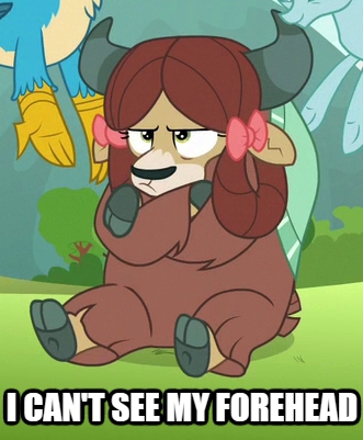 Size: 331x401 | Tagged: safe, derpibooru import, edit, edited screencap, screencap, gallus, ocellus, yona, changedling, changeling, gryphon, yak, school raze, angry, bow, caption, cloven hooves, cropped, crossed hooves, cute, hair bow, i can't see my forehead, image macro, madorable, meme, monkey swings, patty hype, sitting, solo focus, spongebob squarepants, text