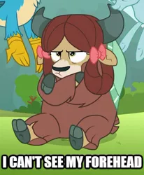 Size: 331x401 | Tagged: safe, derpibooru import, edit, edited screencap, screencap, gallus, ocellus, yona, changedling, changeling, gryphon, yak, school raze, angry, bow, caption, cloven hooves, cropped, crossed hooves, cute, hair bow, i can't see my forehead, image macro, madorable, meme, monkey swings, patty hype, sitting, solo focus, spongebob squarepants, text