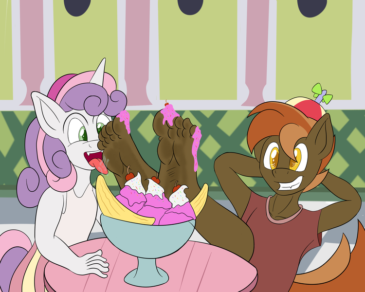 Size: 2500x2000 | Tagged: questionable, artist:foxkai, derpibooru import, button mash, sweetie belle, anthro, barefoot, feet, fetish, food, foot fetish, foot worship, ice cream, licking, licking foot, male, male feet, pure unfiltered evil, soles, sundae, toes, tongue out