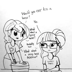 Size: 1264x1270 | Tagged: safe, artist:tjpones, derpibooru import, sci-twi, sunset shimmer, twilight sparkle, equestria girls, black and white, dialogue, female, flirting, glasses, grayscale, implied lesbian, implied scitwishimmer, implied shipping, lineart, monochrome, pencil, pencil behind ear, simple background, subtle as a train wreck, traditional art