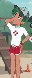 Size: 168x400 | Tagged: safe, derpibooru import, screencap, timber spruce, equestria girls, equestria girls series, unsolved selfie mysteries, animated, arm behind head, blushing, cap, clothes, cropped, gif, hat, legs, lifeguard, lifeguard timber, male, shorts