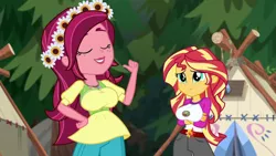 Size: 1280x720 | Tagged: suggestive, derpibooru import, edit, edited screencap, editor:mlp-gft, screencap, gloriosa daisy, sunset shimmer, equestria girls, legend of everfree, big breasts, breast edit, breasts, busty gloriosa daisy, busty sunset shimmer, camp everfree outfits, clothes, duo, floral head wreath, flower, shorts, tent