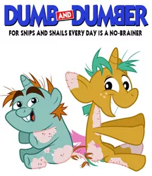 Size: 525x609 | Tagged: artist:dan232323, brainless, crossover, derpibooru import, dumb and dumber, duo, food, gum, idiot, movie poster, poster, safe, sitting, snails, snips