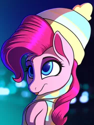 Size: 3000x4000 | Tagged: artist:cherry pop, beanie, blurred background, bokeh, bust, clothes, depth of field, derpibooru import, hat, pinkie pie, portrait, safe, scarf, solo, subsurface scattering