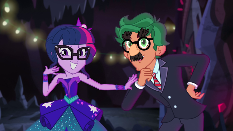 Size: 1920x1080 | Tagged: safe, derpibooru import, screencap, sci-twi, timber spruce, twilight sparkle, equestria girls, legend of everfree, legend of everfree - bloopers, animated actors, bare shoulders, blooper, clothes, cute, glasses, groucho marx psyche out, groucho mask, hand gesture, looking at you, male, sleeveless, smiling, smiling at you, strapless, suit, timberbetes