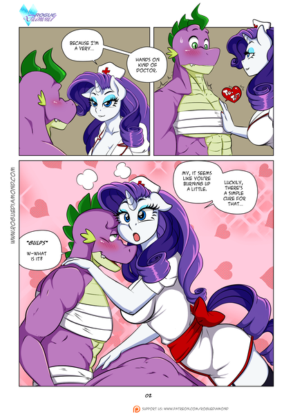 Size: 1280x1810 | Tagged: suggestive, artist:cabrony, artist:pia-sama, color edit, derpibooru import, edit, rarity, spike, anthro, dragon, unicorn, comic:nurse rarity, comic:rogue diamond, comic:rogue diamond holiday special, adult, adult spike, ahegao, bandage, bedroom eyes, blushing, bow, breasts, busty rarity, cleavage, clothed female nude male, colored, comic, dialogue, female, flirting, hand on chest, hat, imminent sex, lustful diamond, male, mare, nurse, nurse outfit, older, older spike, open mouth, patreon, patreon logo, shipping, smiling, sparity, speech bubble, straight, sweat, tongue out