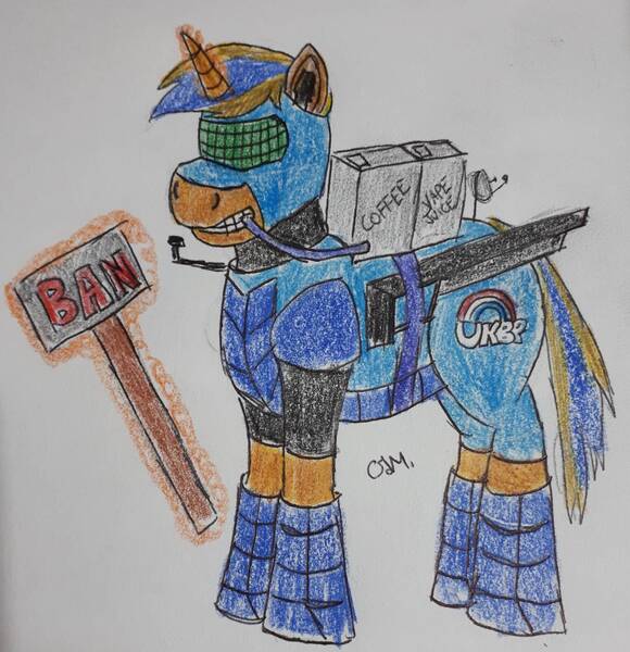 Size: 1410x1459 | Tagged: artist:rapidsnap, banhammer, battle armor, coffee, derpibooru import, energy weapon, laser rifle, oc, oc:caffine kick, safe, solo, traditional art, ukbp, uk ponies and pegasisters, unofficial characters only, vape juice, weapon