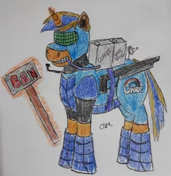 Size: 1410x1459 | Tagged: artist:rapidsnap, banhammer, battle armor, coffee, derpibooru import, energy weapon, laser rifle, oc, oc:caffine kick, safe, solo, traditional art, ukbp, uk ponies and pegasisters, unofficial characters only, vape juice, weapon