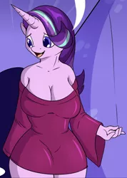 Size: 390x548 | Tagged: anthro, artist:suirano, big breasts, breasts, busty starlight glimmer, cleavage, clothes, comic:temptation, cropped, derpibooru import, edit, female, starlight glimmer, suggestive