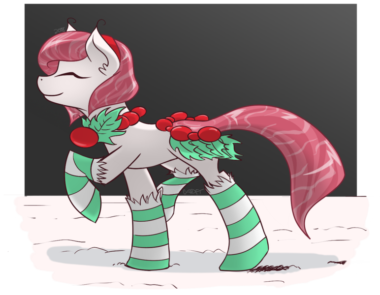 Size: 1280x995 | Tagged: safe, artist:cadetredshirt, derpibooru import, oc, oc:holly berry, unofficial characters only, original species, pond pony, pony, closed species, clothes, eyes closed, female, happy, holly, night, simple background, snow, socks, solo, stockings, striped socks, thigh highs, walking