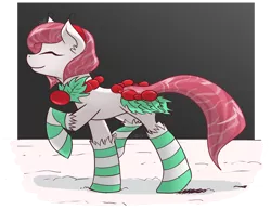 Size: 1280x995 | Tagged: safe, artist:cadetredshirt, derpibooru import, oc, oc:holly berry, unofficial characters only, original species, pond pony, pony, closed species, clothes, eyes closed, female, happy, holly, night, simple background, snow, socks, solo, stockings, striped socks, thigh highs, walking