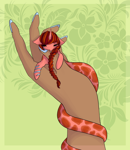 Size: 1665x1934 | Tagged: safe, artist:martiansworld, derpibooru import, oc, oc:ruby quartz, unofficial characters only, human, lamia, original species, pony, armlet, braid, cuddling, hand, hug, nails, size difference, sleeping, tiny, tiny ponies