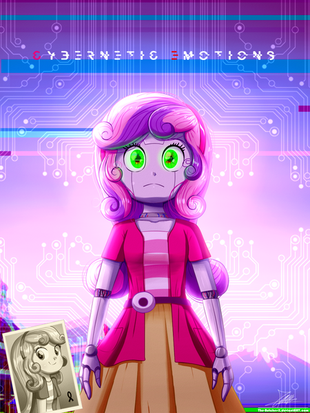 Size: 1020x1360 | Tagged: safe, artist:the-butch-x, derpibooru import, sweetie belle, android, robot, equestria girls, artificial intelligence, circuit, clothes, commission, cyberpunk, dress, female, glowing eyes, gynoid, high res, long hair, photo, shirt, smiling, solo, stare, sweetie bot, young