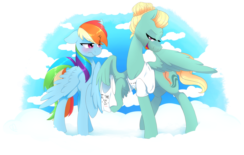 Size: 14189x9036 | Tagged: safe, artist:kyumiku, derpibooru import, rainbow dash, zephyr breeze, pegasus, pony, absurd resolution, blushing, clothes, cloud, cute, eye clipping through hair, feather fingers, female, high res, lidded eyes, male, on a cloud, shipping, shirt, sky, standing on cloud, straight, t-shirt, tsunderainbow, tsundere, wing hands, wing hold, wings, zephdash