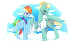 Size: 14189x9036 | Tagged: safe, artist:kyumiku, derpibooru import, rainbow dash, zephyr breeze, pegasus, pony, absurd resolution, blushing, clothes, cloud, cute, eye clipping through hair, feather fingers, female, high res, lidded eyes, male, on a cloud, shipping, shirt, sky, standing on cloud, straight, t-shirt, tsunderainbow, tsundere, wing hands, wing hold, wings, zephdash