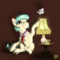 Size: 2000x2000 | Tagged: safe, artist:trefoiler, derpibooru import, charity kindheart, coco pommel, earth pony, insect, moth, pony, dark background, female, lamp, mare, simple background