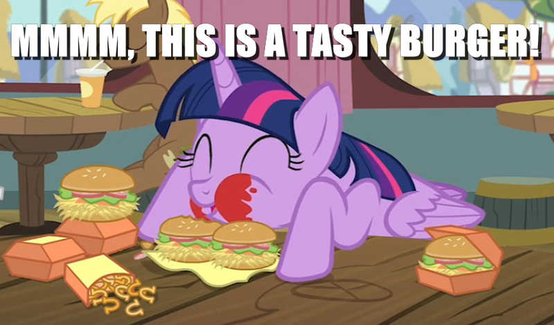 Size: 865x508 | Tagged: alicorn, burger, caption, coco crusoe, derpibooru import, edit, edited screencap, food, hay burger, image macro, ketchup, messy eating, onion horseshoes, pulp fiction, reference, safe, samuel l jackson, sauce, screencap, text, that pony sure does love burgers, twilight burgkle, twilight slobble, twilight sparkle, twilight sparkle (alicorn), twilight time